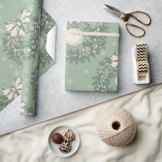 Green Toile Christmas Wreath Pattern Geschenkpapier (Kunsthandwerk)