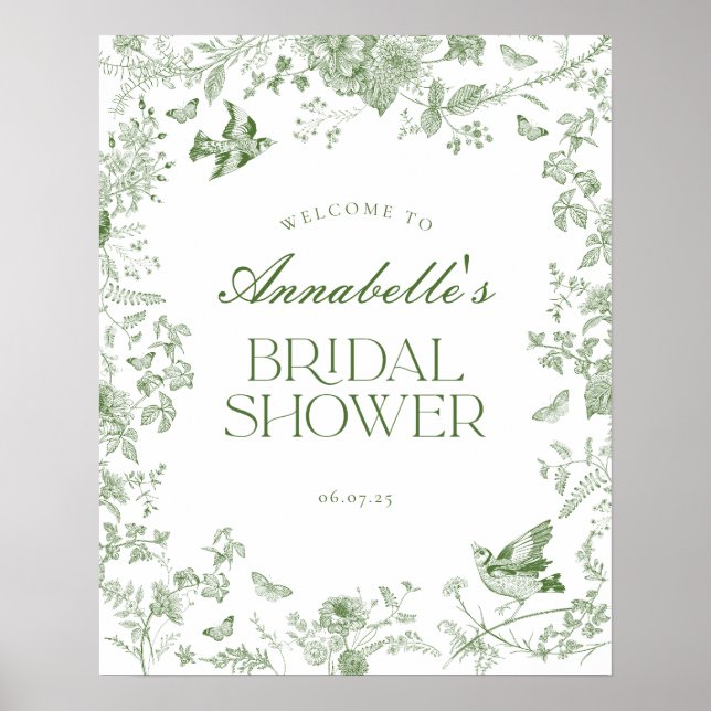 Green Toile Jouy Floral Brautparty Begrüßungszeich Poster (Vorne)