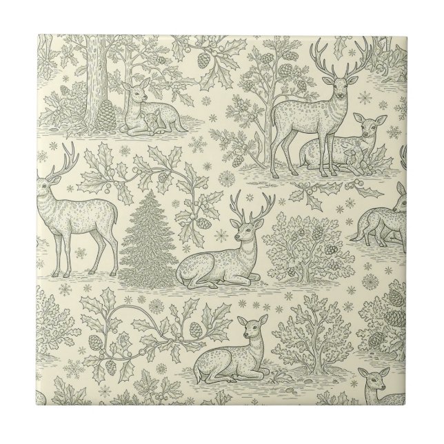 Green Toile Woodland Deer Christmas Pattern (2) Fliese (Vorderseite)