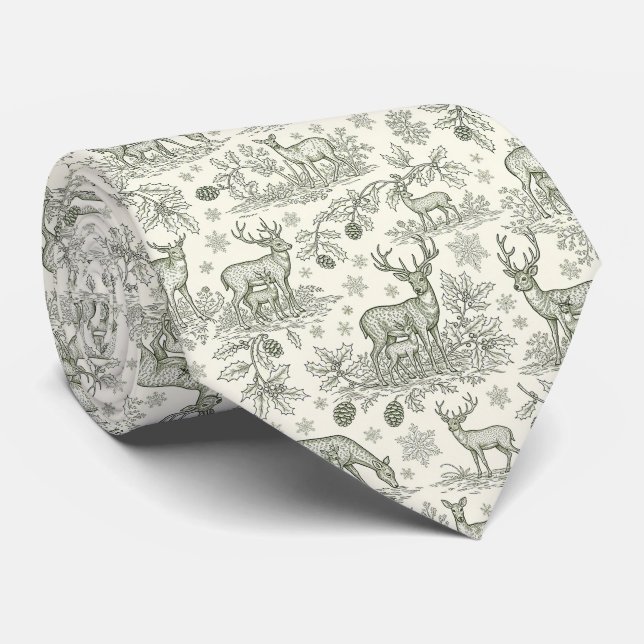 Green Toile Woodland Deer Christmas Pattern (3) Krawatte (Gerollt)