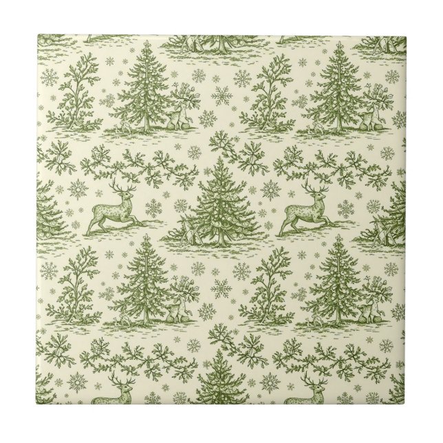 Green Toile Woodland Deer Christmas Pattern (4) Fliese (Vorderseite)