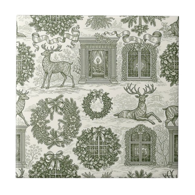 Green Toile Woodland Deer Christmas Pattern Fliese (Vorderseite)