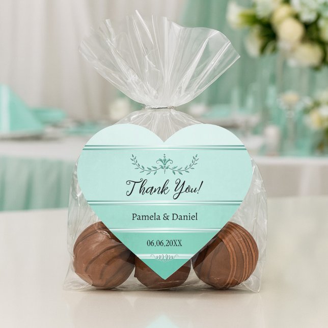 Green Tone On Tone Stripe Wedding Thank You Herz-Aufkleber (Wedding Thank you or favor sticker featuring a painted green tone on tone striped design)