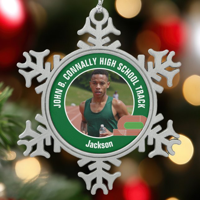 Green Track & Field Photo High School Athlete Schneeflocken Zinn-Ornament (Von Creator hochgeladen)
