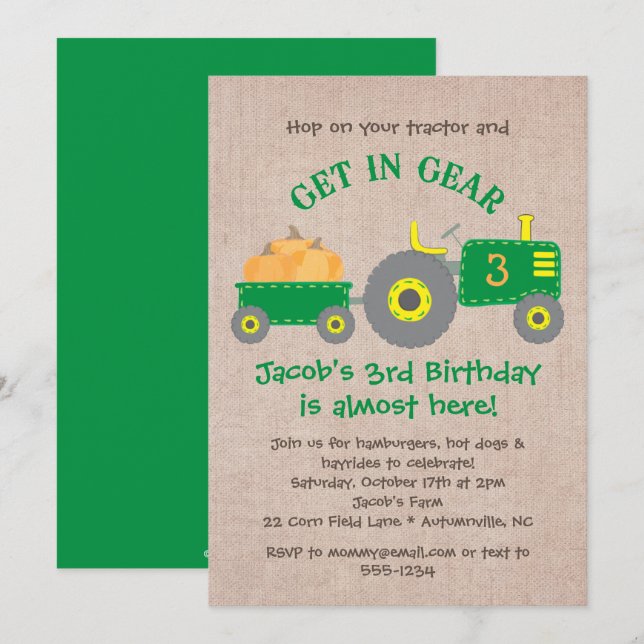 Green Tractor and Pumpkins Fall Birthday Boy Party Einladung (Vorne/Hinten)