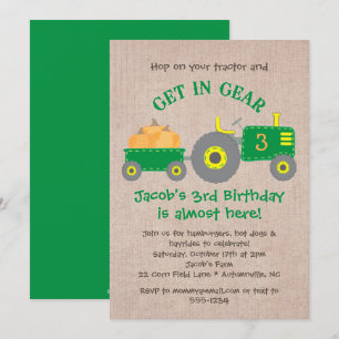 Green Tractor and Pumpkins Fall Birthday Boy Party Einladung