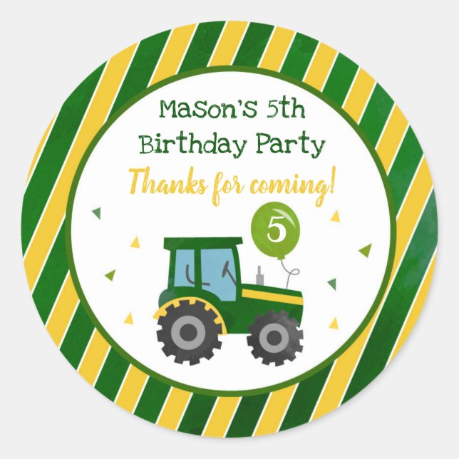 Green Tractor Anniversaire Fête Favoriser Stickers (Devant)