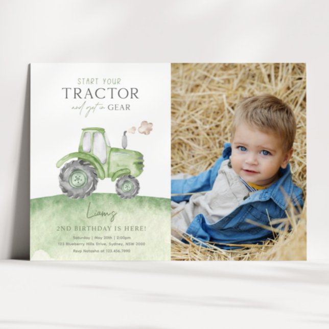 Green Tractor Anniversaire Photo Invitation (Créateur téléchargé)