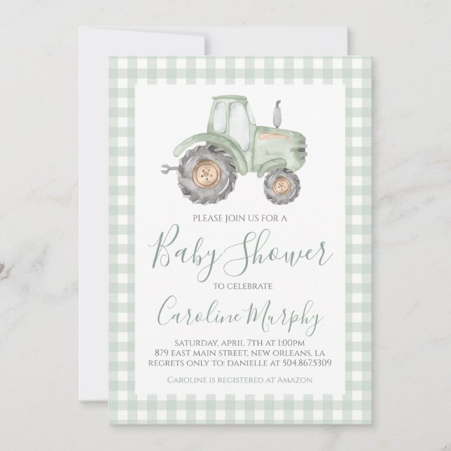 Green Tractor Baby Shower Preppy Gingham Einladung (Vorderseite)