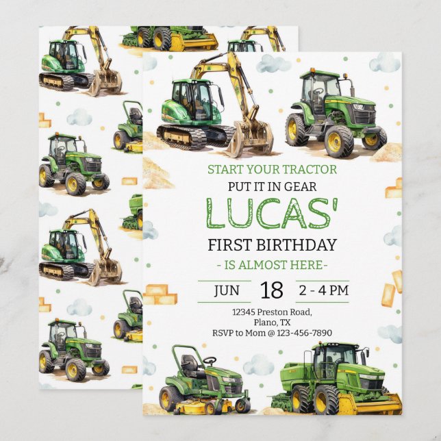 Green Tractor Birthday Party Einladung (Vorne/Hinten)
