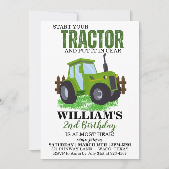 Green Tractor Invitation de fête d'anniversaire (Devant)