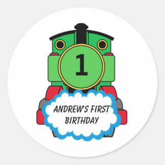 Green Train Happy Birthday Round Aufkleber