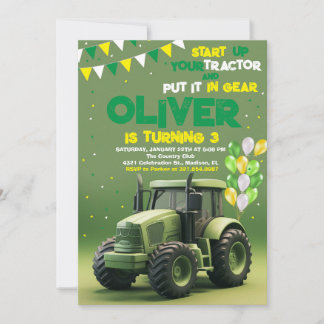 Green Traktor 3. Geburtstag Party Einladung