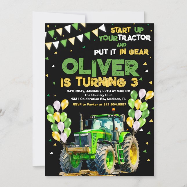 Green Traktor 3. Geburtstag Party Einladung (Vorderseite)