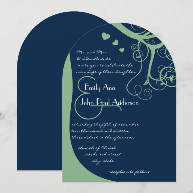 Green Tree Wirbel auf Lapis Blue Wedding Einladung (Vorne/Hinten)