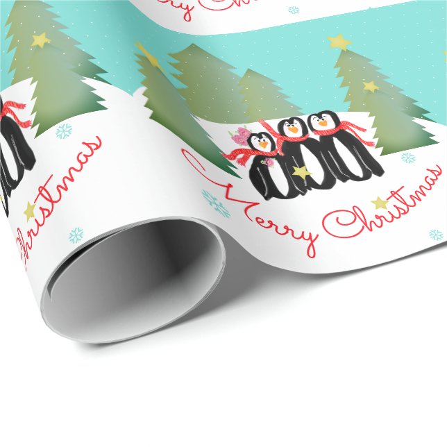 Green Trees Gold Stars und Pinguine Geschenkpapier (Rolleneckpunkt)