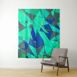 Green triangular cutouts on blue background, rough wandteppich