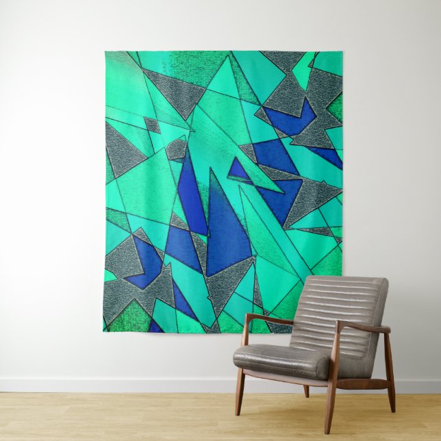 Green triangular cutouts on blue background, rough wandteppich (Beispiel)