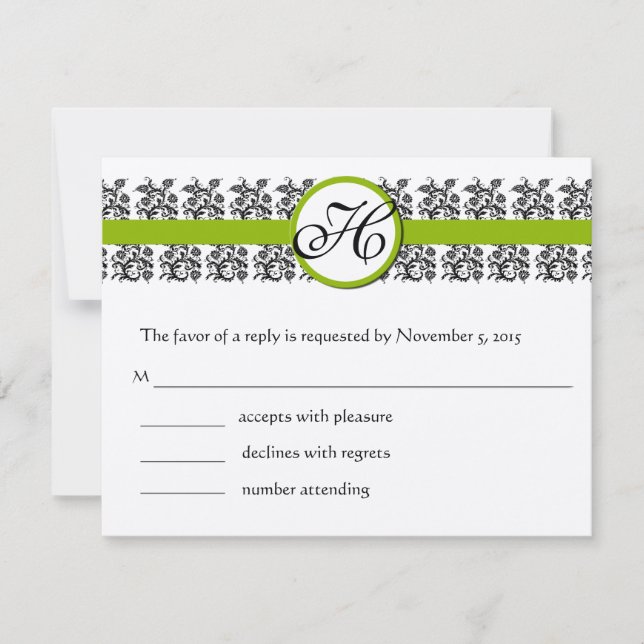 Green Trim RSVP Cards für Damask Green Trim benöti Karte (Vorderseite)