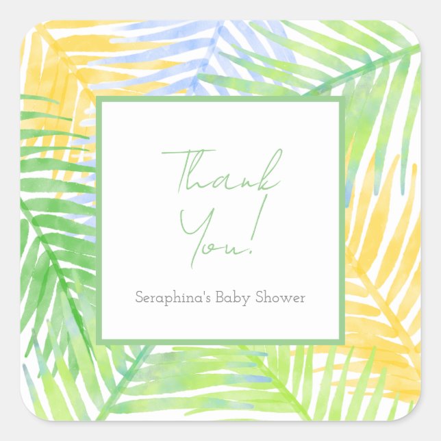 Green Tropical Blätter Hawaiian Baby Shower Quadratischer Aufkleber (Vorderseite)