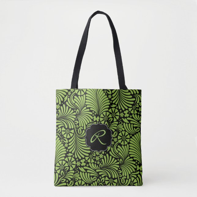 Green Tropical Damask Muster mit Monogramm Tasche (Vorderseite)