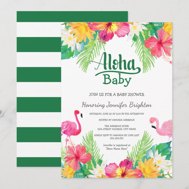 Green | Tropical Flamingo Luau Babydusche Einladung (Vorne/Hinten)