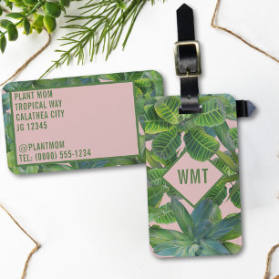 Green Tropical Leaf Monogram Pink Luggage Tag Gepäckanhänger