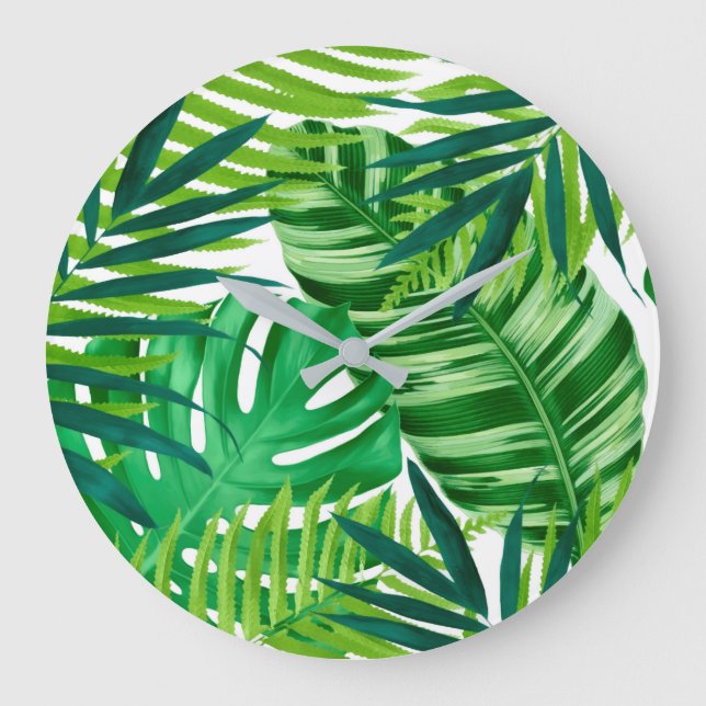 Green Tropical Leaves  Große Wanduhr (Vorderseite)