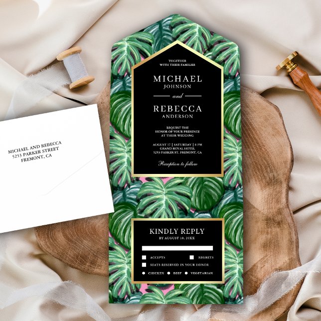 Green Tropical Monstera Blätter Black Gold Wedding All In One Einladung (Von Creator hochgeladen)