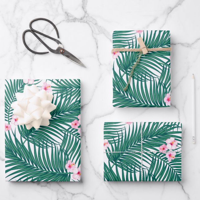 Green Tropical Palm Blätter mit Hibiskus Blume (Vorderseite)