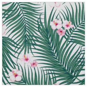 Green Tropical Palm Blätter mit Hibiskus Blume Stoff