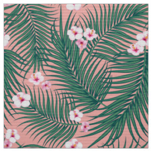 Green Tropical Palm Blätter mit Hibiskus Blume Stoff