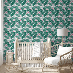 Green Tropical Palm Blätter mit Hibiskus Blume Tapete