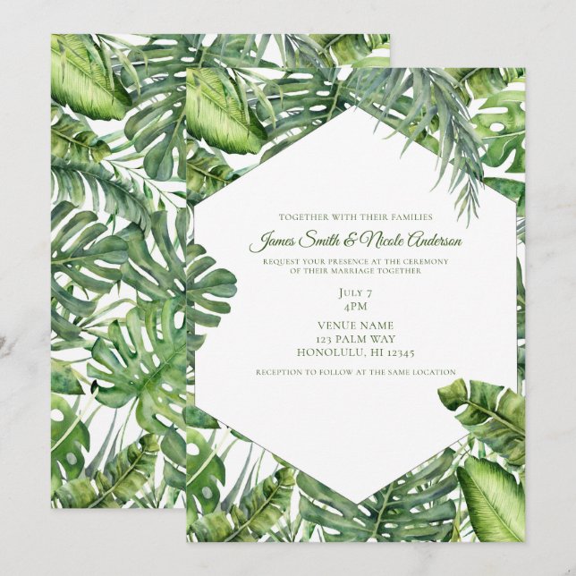 Green Tropical Palm Blätter Summer Island Wedding Einladung (Vorne/Hinten)