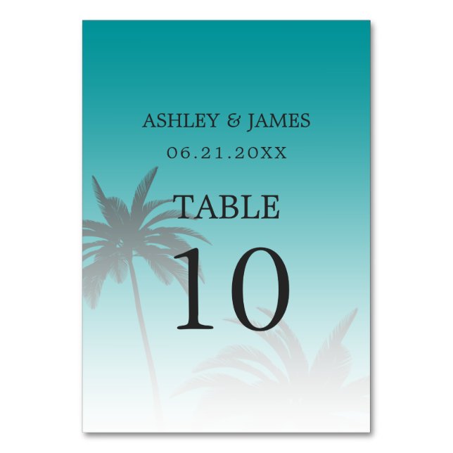 Green Tropical Palm Tree Beach Hochzeit Tischnummer (Vorderseite)