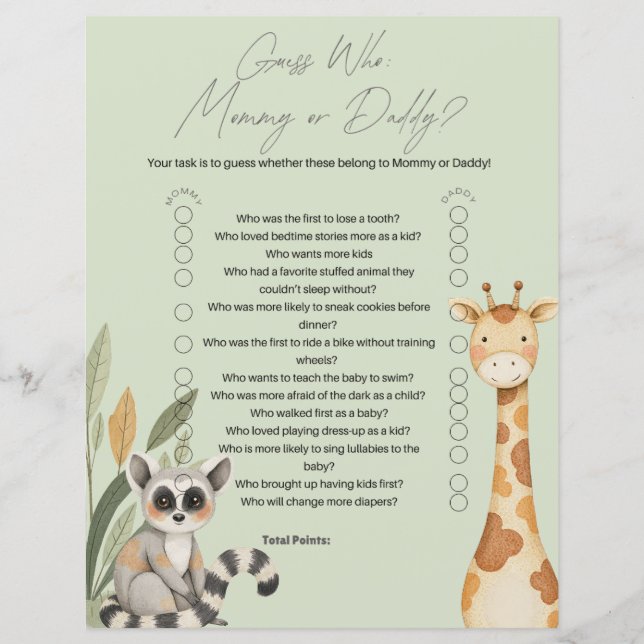 Green Tropical Safari Animals Baby Showspiel (Vorderseite)