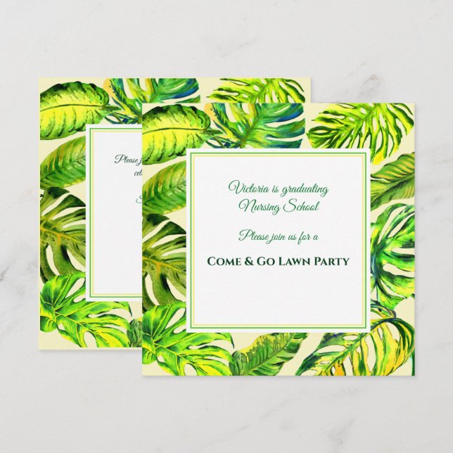 Green Tropical Watercolor Blätter Abschluss Einladung (Vorne/Hinten)