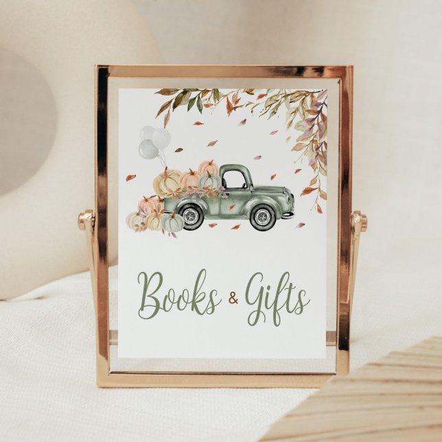 Green Truck Pumpkin Bücher und Geschenke Kinderdus Poster (Little Pumpkin Green Truck Baby Shower Books and Gifts Sign)