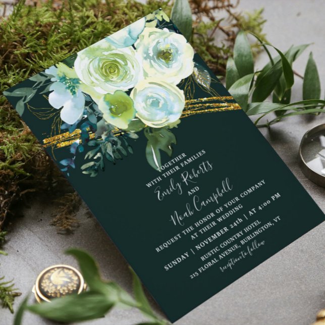 Green Turquoise Floral Gold Foto Hochzeit Flyer (Von Creator hochgeladen)