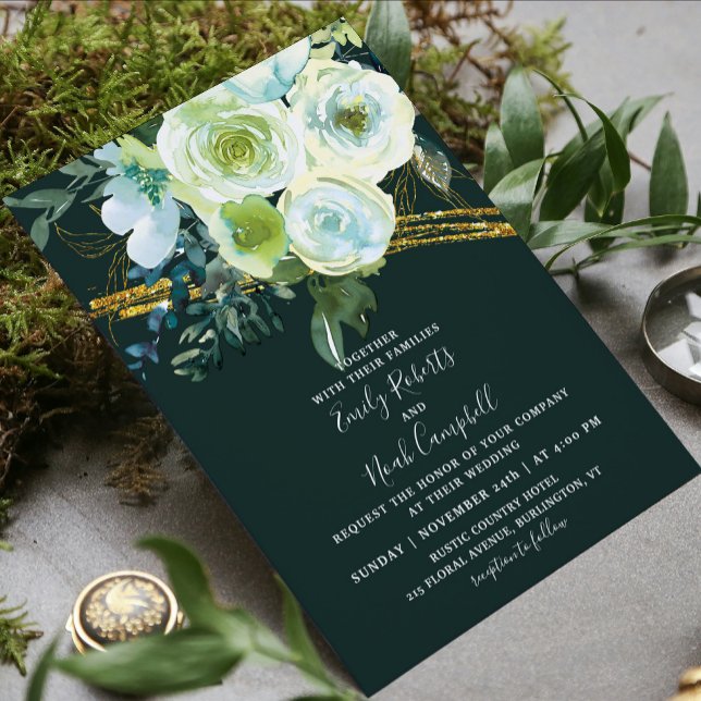 Green Turquoise Floral Gold Glitzer Foto Hochzeit Einladung (Von Creator hochgeladen)