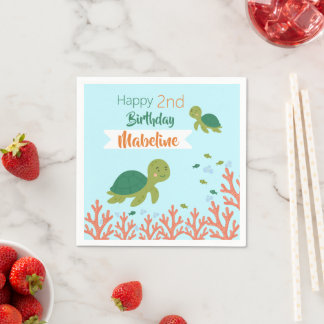 Green Turtle Blue Ocean Happy Birthday Serviette