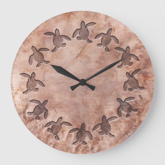 Green Turtle Hammered Metal Pattern Wall Clock Große Wanduhr (Vorderseite)