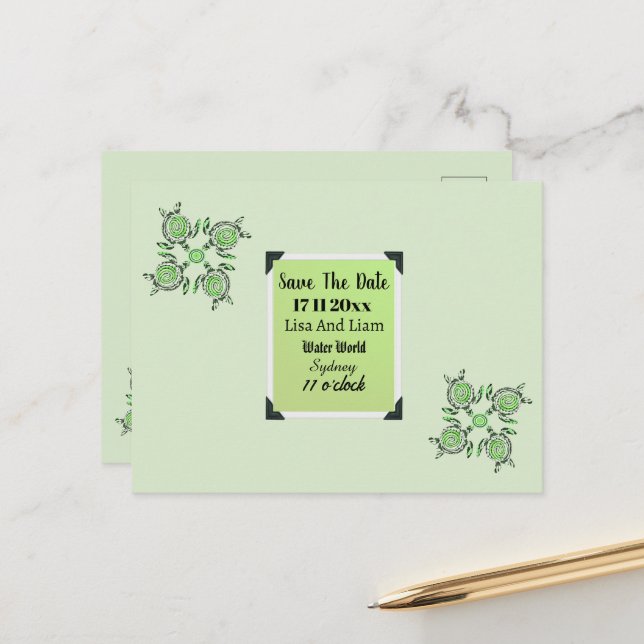 Green Turtles Dot Art Save the Date, Postkarte (Vorderseite/Rückseite Beispiel)