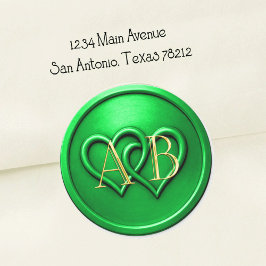 Green Two Hearts Intertwined Monogram Wedding Runder Aufkleber