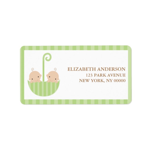 Green Umbrella Twins Baby Dusche Adressaufkleber (Vorne)