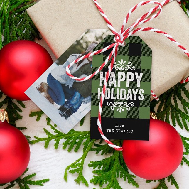 Green und Black Buffalo Karo Rustic Holiday Foto Geschenkanhänger (Von Creator hochgeladen)