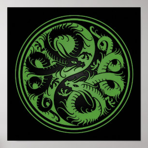 Green und Black Yin Yang chinesische Drachen Poster