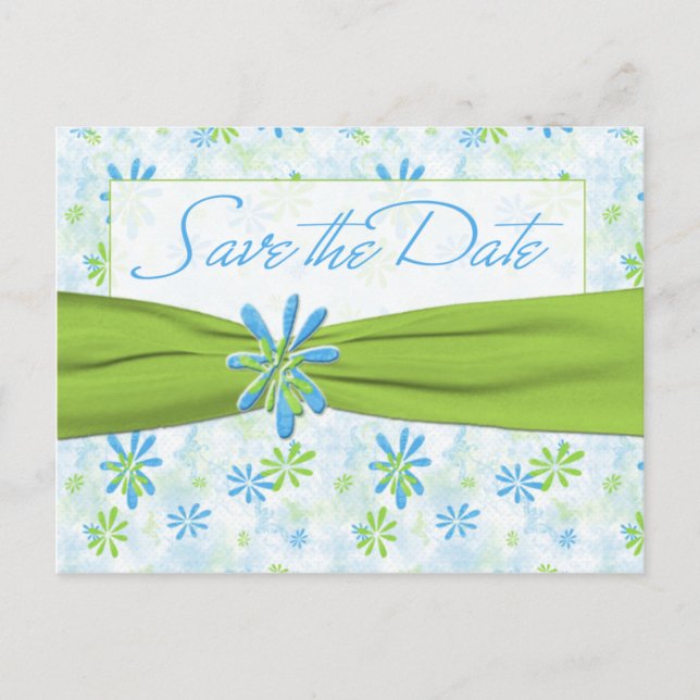 Green und Blue Floral Save the Date Postkarte (Vorderseite)