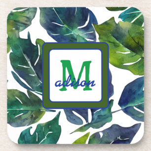 Green und Blue Foliage Philodendron Mit Monogramm Getränkeuntersetzer