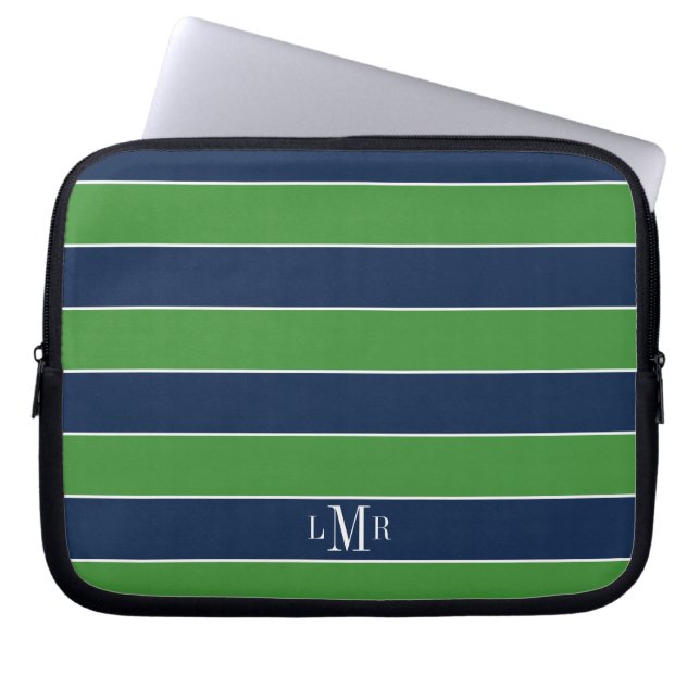 Green und Blue Rugby Stripes Mit Monogramm Laptopschutzhülle (Vorderseite)